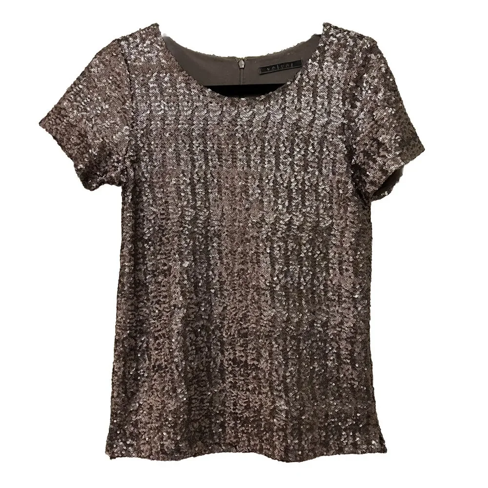Anthropologie VELVET Top by Graham & Spencer Size S Vonnie Sequin Pewter Gray